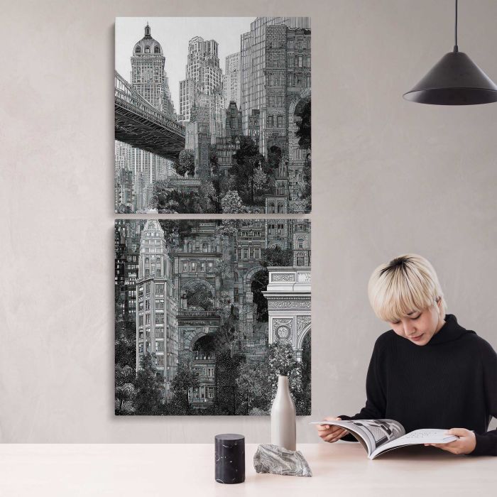 Intricate Monochrome Urban Landscape canvas print, interior display view