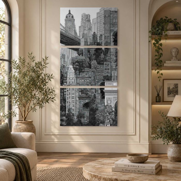 Intricate Monochrome Urban Landscape canvas print, interior display view