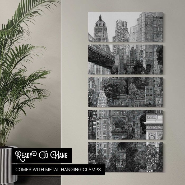 Intricate Monochrome Urban Landscape canvas print, interior display view