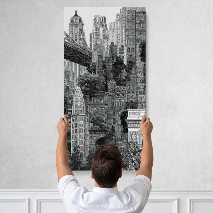 Intricate Monochrome Urban Landscape canvas print, tall canvas held against a wall