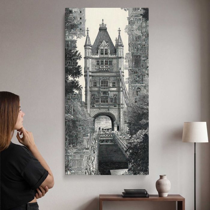 Intricate urban bridge canvas print, interior display view