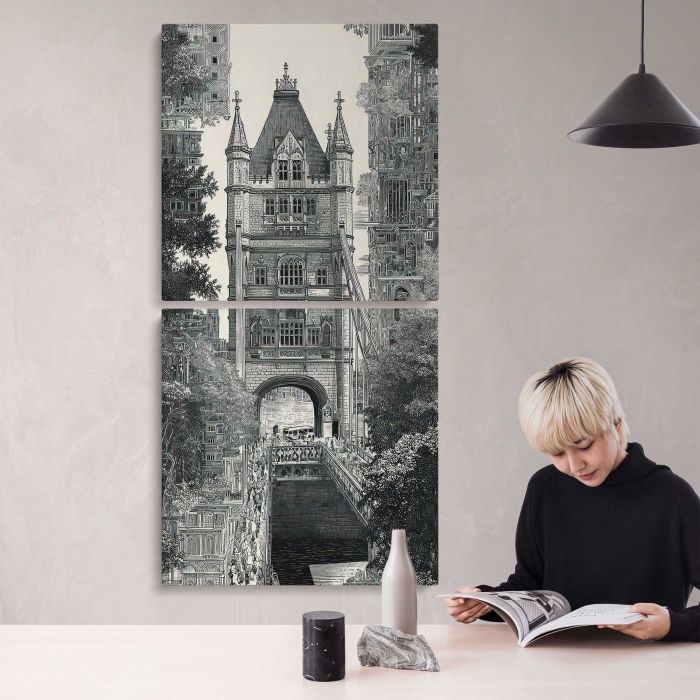 Intricate urban bridge canvas print, interior display view