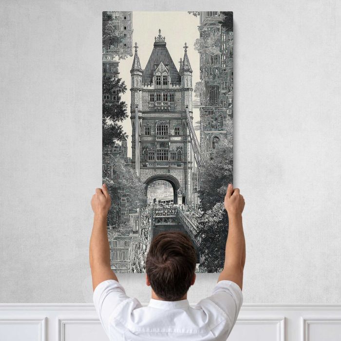 Intricate urban bridge canvas print, tall canvas held against a wall