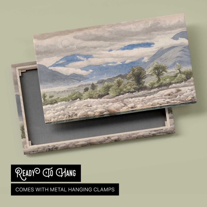 Italian mountain landscape in cloudy weather by P. C. Skovgaard canvas print, canvas reverse and frame view