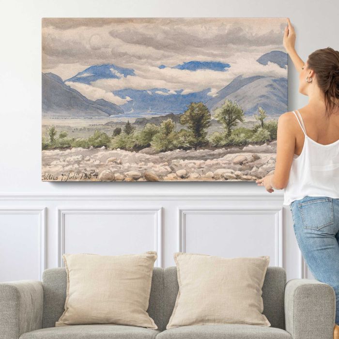 Italian mountain landscape in cloudy weather by P. C. Skovgaard canvas print, canvas shown with a person for scale