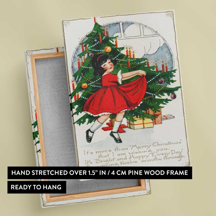 It’s More than Merry Christmas — Girl beside a Christmas Tree canvas print, canvas reverse and frame view