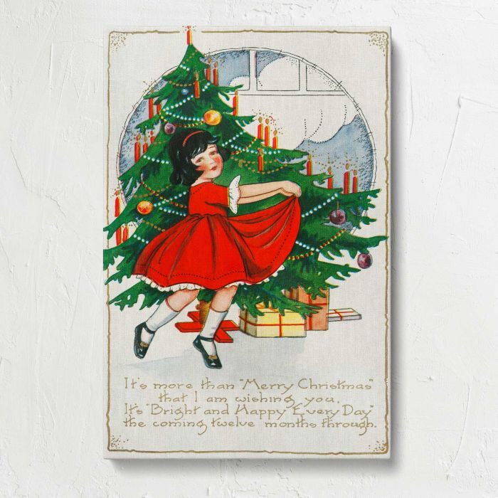 It’s More than Merry Christmas — Girl beside a Christmas Tree canvas print, front canvas view