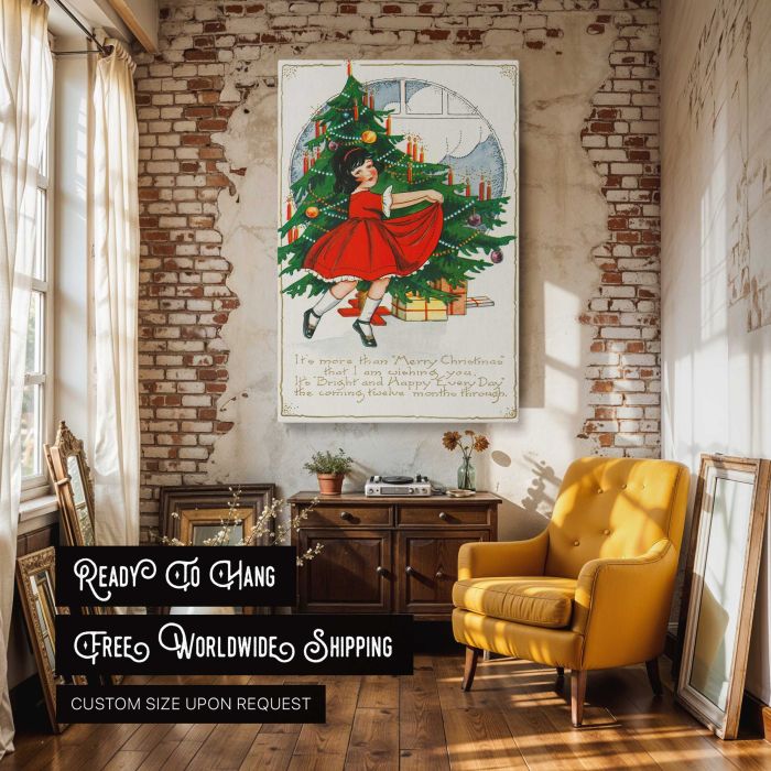 It’s More than Merry Christmas — Girl beside a Christmas Tree canvas print, interior display view