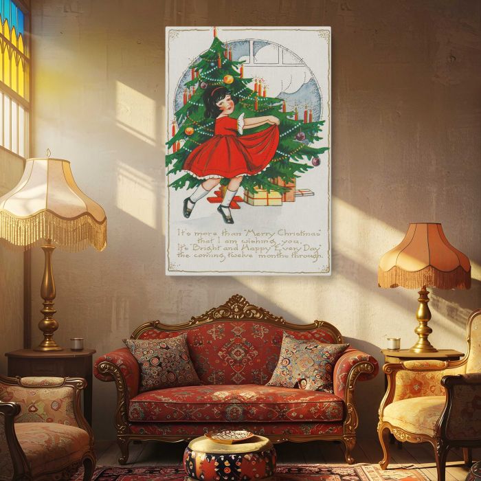 It’s More than Merry Christmas — Girl beside a Christmas Tree canvas print, interior display view