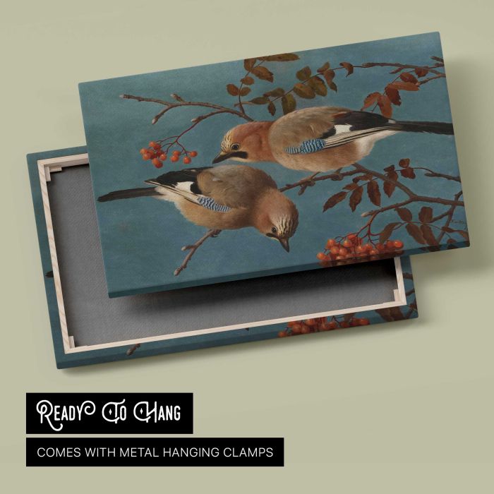 Jays, 1877, by Ferdinand von Wright canvas print, canvas reverse and frame view