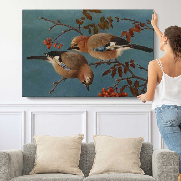 Jays, 1877, by Ferdinand von Wright canvas print, canvas shown with a person for scale