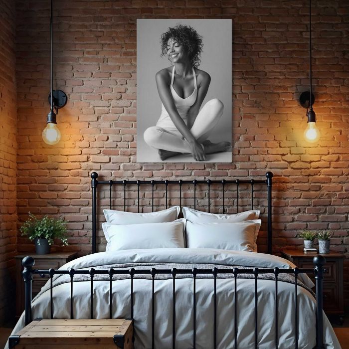 Joyful Woman in a Seated Pose canvas print, interior display view