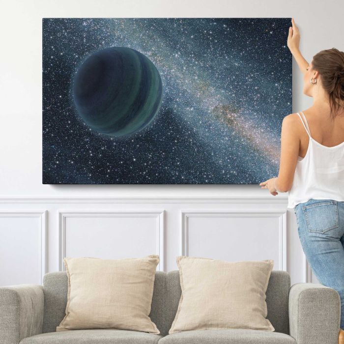 Jupiter-Like Planet Alone in Deep Space canvas print, canvas shown with a person for scale