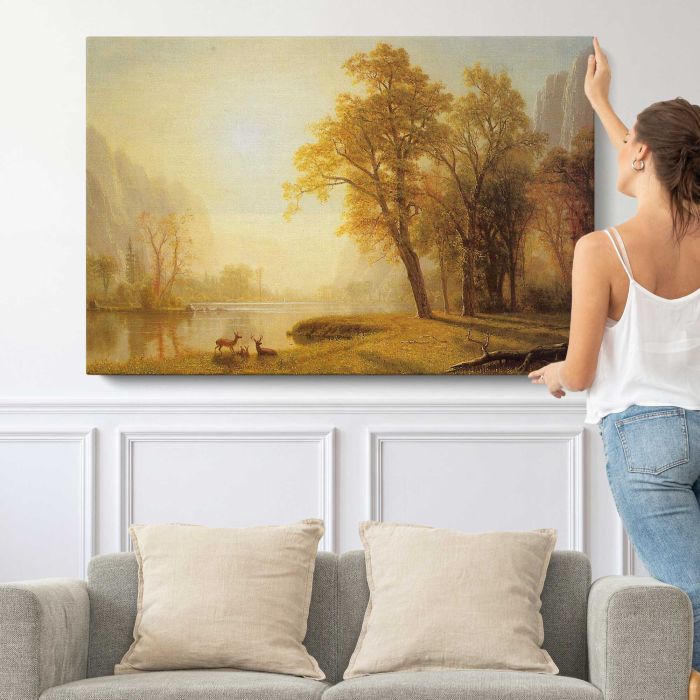 Kings River Canyon California by Albert Bierstadt - single-panel canvas shown with a person for scale