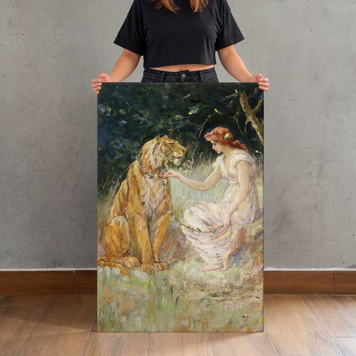 Lady and the Tiger (1900) by Frederick Stuart Church canvas print, canvas shown with a person for scale