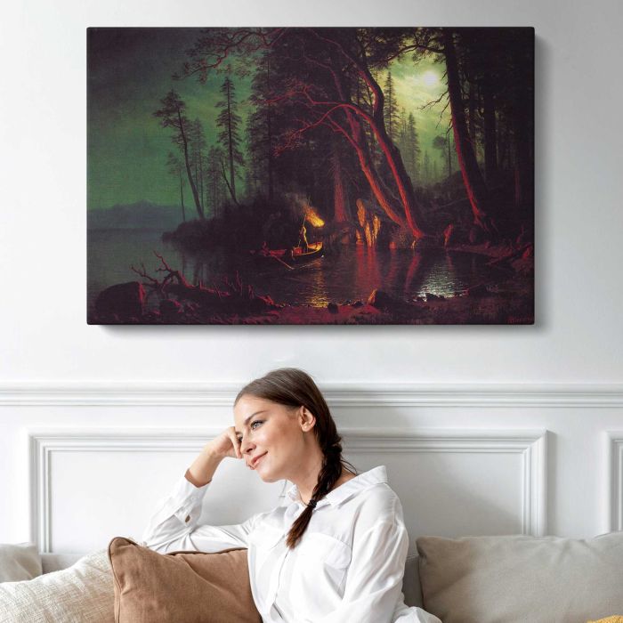 Lake Tahoe Spearing Fish by Albert Bierstadt - single-panel canvas displayed above a sofa