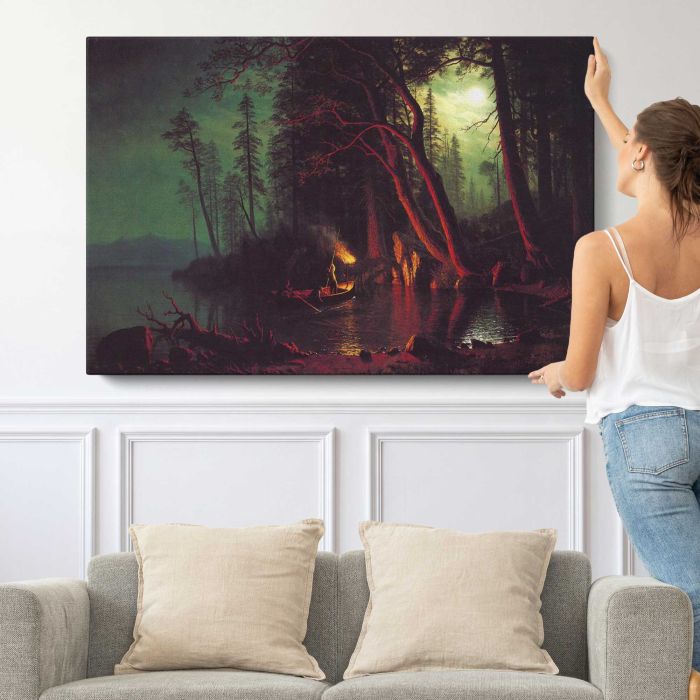 Lake Tahoe Spearing Fish by Albert Bierstadt - single-panel canvas shown with a person for scale