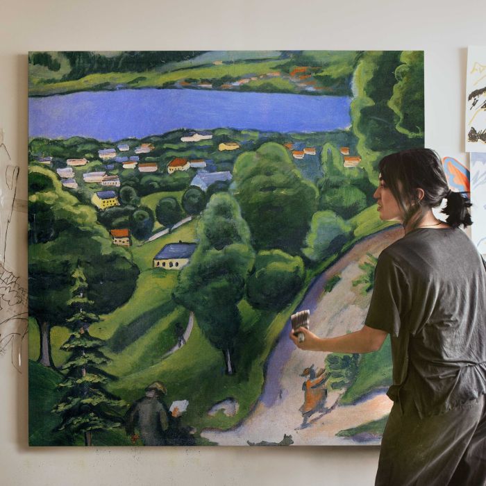 Landscape on the Tegernsee with a reading man (1910) by August Macke canvas print, canvas shown with a person for scale