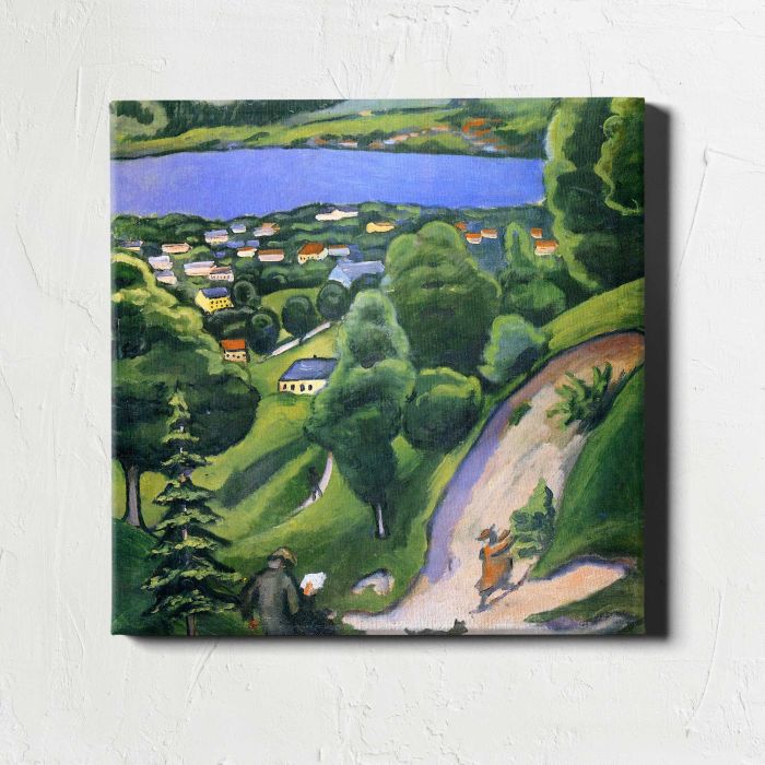 Landscape on the Tegernsee with a reading man (1910) by August Macke canvas print, front canvas view