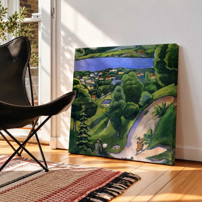 Landscape on the Tegernsee with a reading man (1910) by August Macke canvas print, interior display view