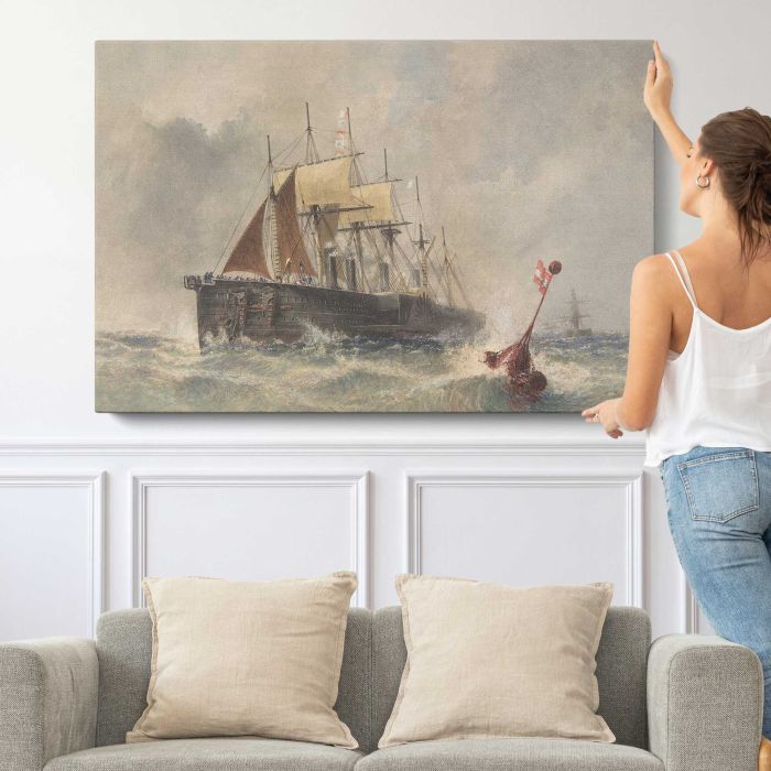 Launching the Buoy from the Great Eastern (1865) by Robert Charles Dudley canvas print, canvas shown with a person for scale