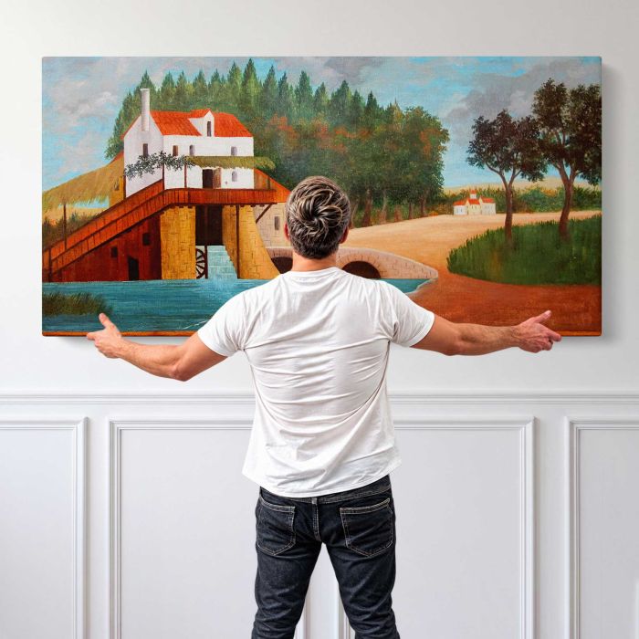 Le Moulin (1879) by Henri Rousseau canvas print, canvas shown with a person for scale