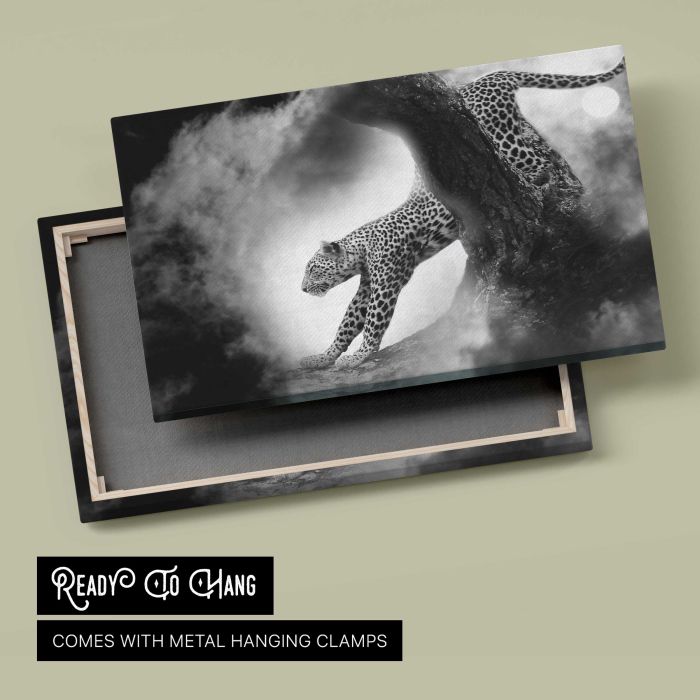 Leopard in Black and White canvas print, canvas reverse and frame view