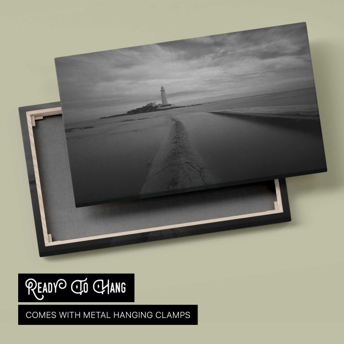 Lighthouse in black and white canvas print, canvas reverse and frame view