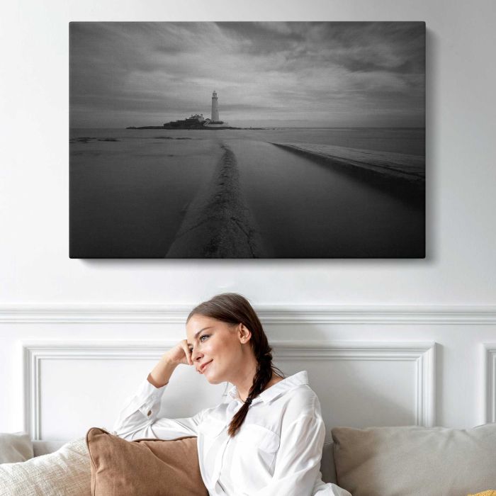 Lighthouse in black and white canvas print, interior display view