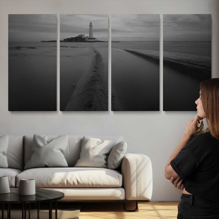 Lighthouse in black and white canvas print, interior display view