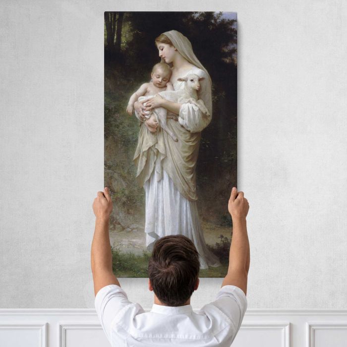 L’Innocence — Mother, Child and Lamb by William-Adolphe Bouguereau canvas print, tall canvas held against a wall
