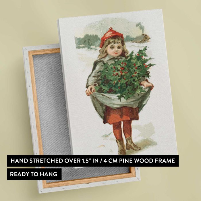 Little girl with holly (1861–1897), by L. Prang & Co canvas print, canvas reverse and frame view