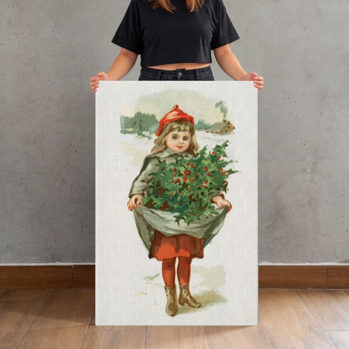 Little girl with holly (1861–1897), by L. Prang & Co canvas print, canvas shown with a person for scale