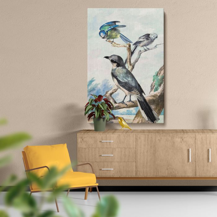 Long-Tailed Tit, Blue Tit and Great Grey Shrike (1756) canvas print, canvas shown with a person for scale