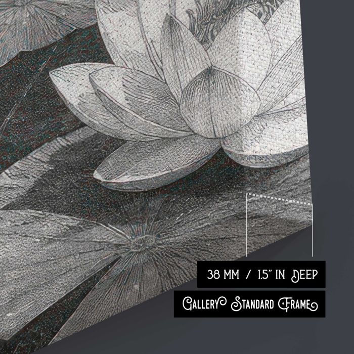 Lotus Blooms and Garden Pavilion in Grayscale canvas print, canvas surface and edge detail