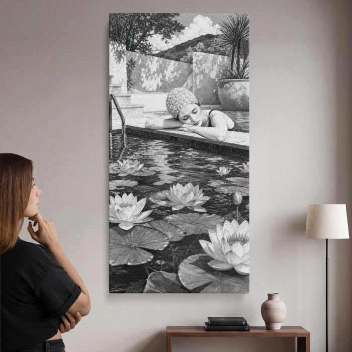 Lotus Blooms and Garden Pavilion in Grayscale canvas print, interior display view