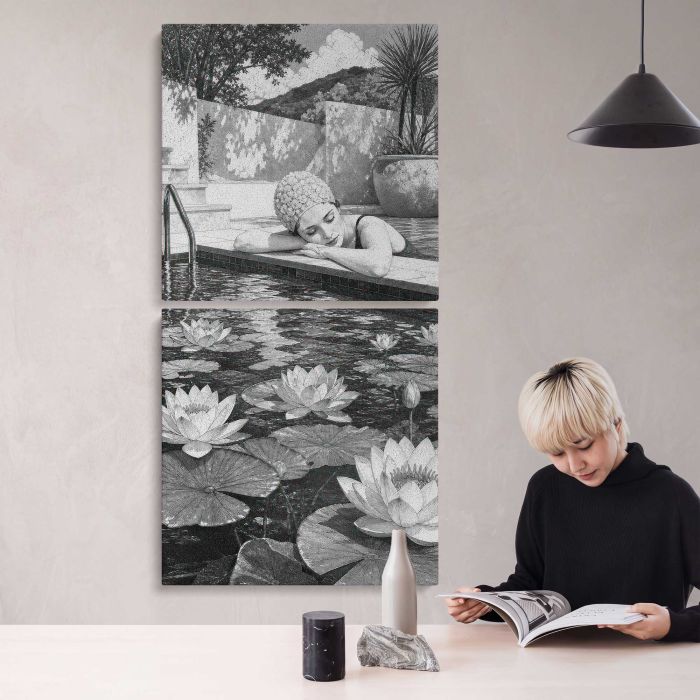 Lotus Blooms and Garden Pavilion in Grayscale canvas print, interior display view