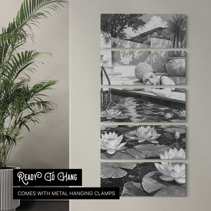 Lotus Blooms and Garden Pavilion in Grayscale canvas print, interior display view