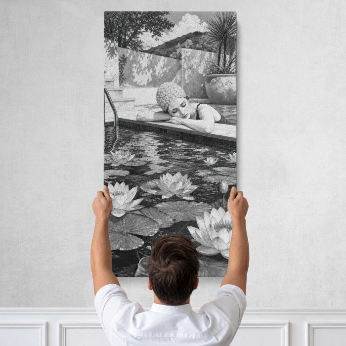 Lotus Blooms and Garden Pavilion in Grayscale canvas print, tall canvas held against a wall