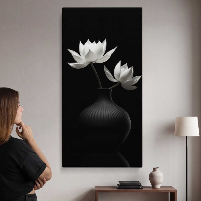 Lotus Flowers in a Vase in Monochrome canvas print, interior display view