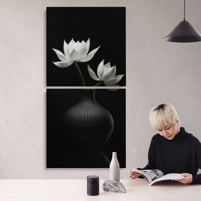 Lotus Flowers in a Vase in Monochrome canvas print, interior display view