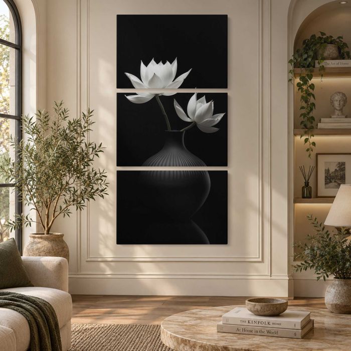 Lotus Flowers in a Vase in Monochrome canvas print, interior display view