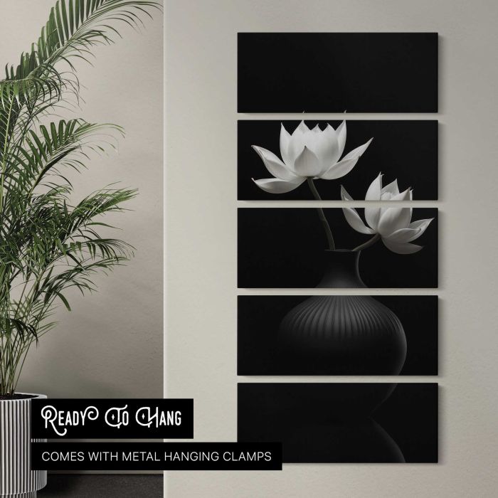 Lotus Flowers in a Vase in Monochrome canvas print, interior display view