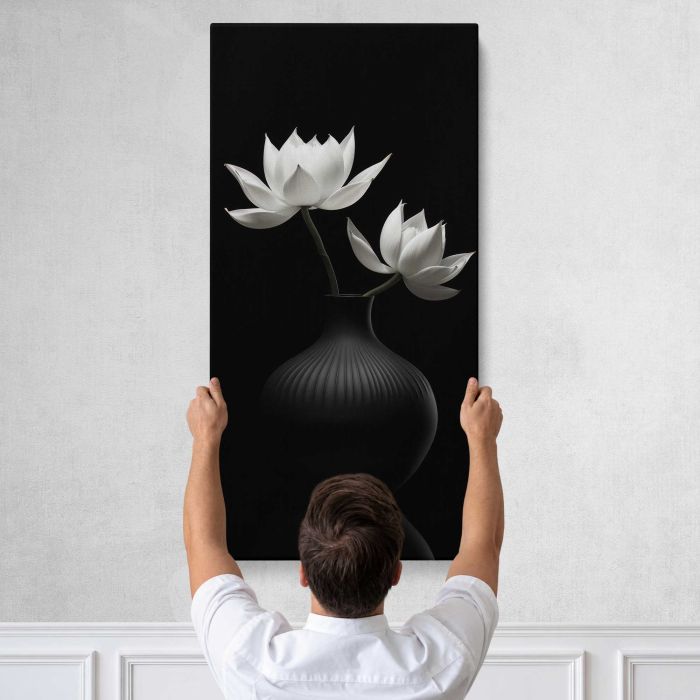 Lotus Flowers in a Vase in Monochrome canvas print, tall canvas held against a wall