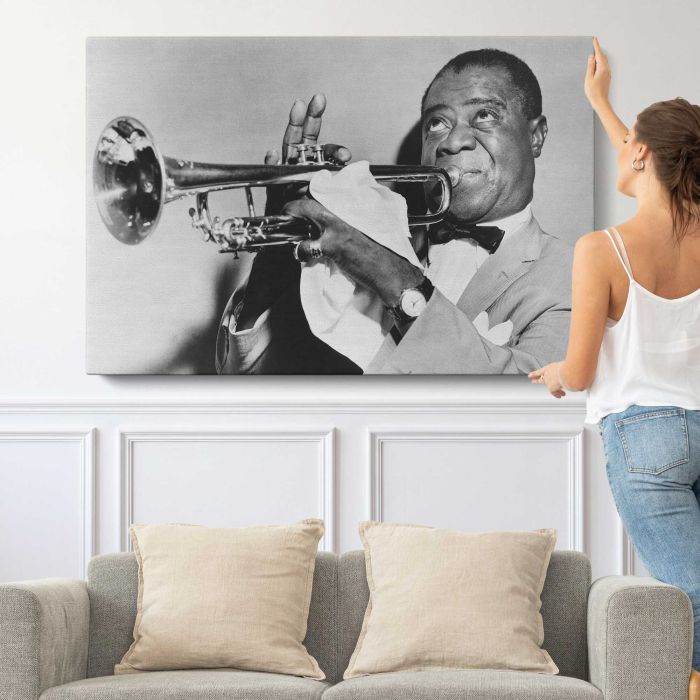 Louis Armstrong — Jazz Musician canvas print, canvas shown with a person for scale