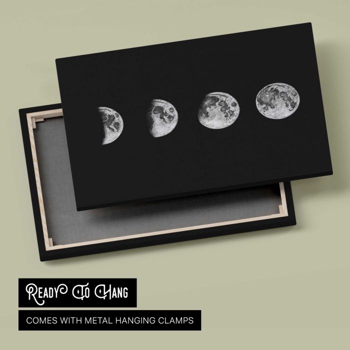 Lunar phase illustration canvas print, canvas reverse and frame view