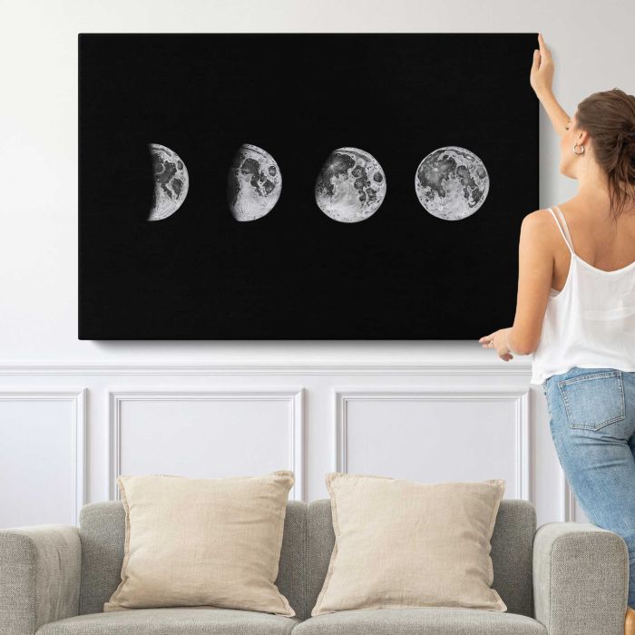 Lunar phase illustration canvas print, canvas shown with a person for scale