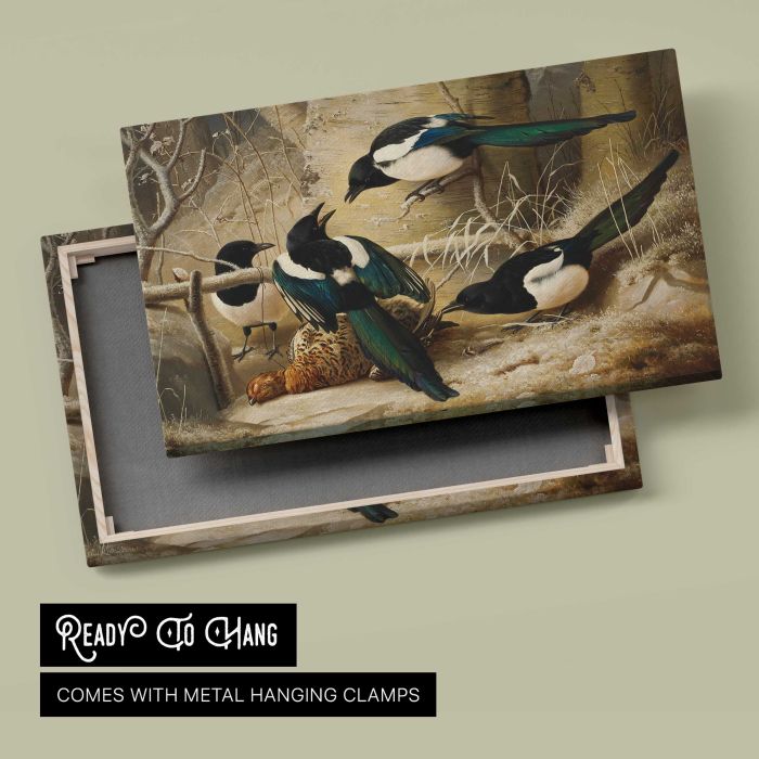 Magpies round a dead female capercaillie (1867) by Ferdinand von Wright canvas print, canvas reverse and frame view