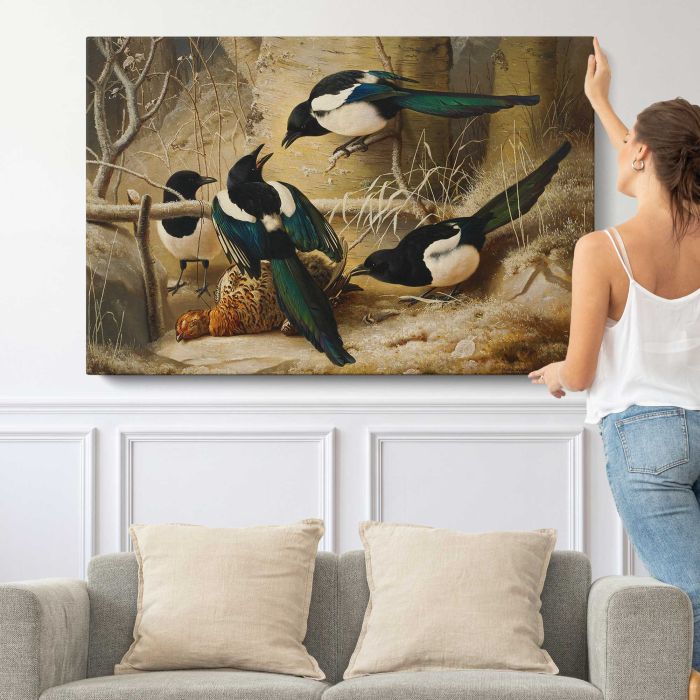 Magpies round a dead female capercaillie (1867) by Ferdinand von Wright canvas print, canvas shown with a person for scale