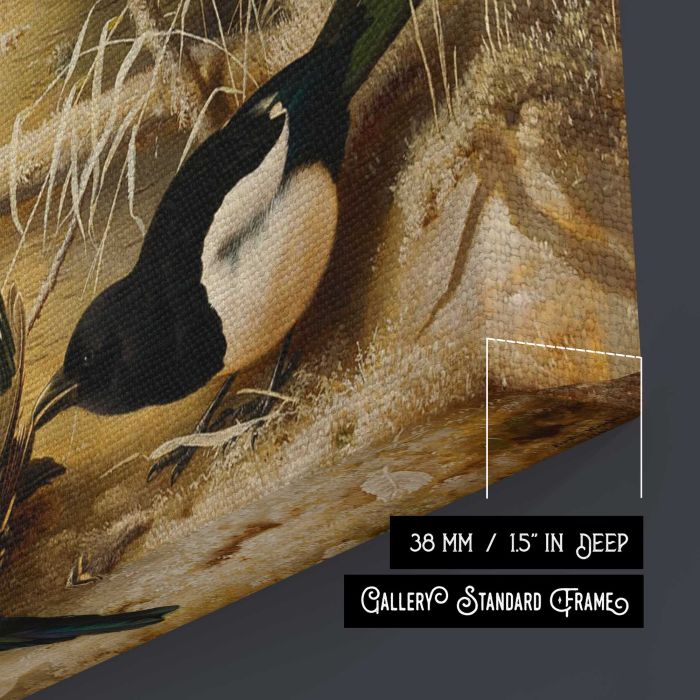 Magpies round a dead female capercaillie (1867) by Ferdinand von Wright canvas print, canvas surface and edge detail